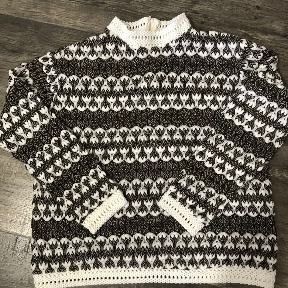 Vintage crop open knit retro sweater brown/white zipper back neck Sz S/M